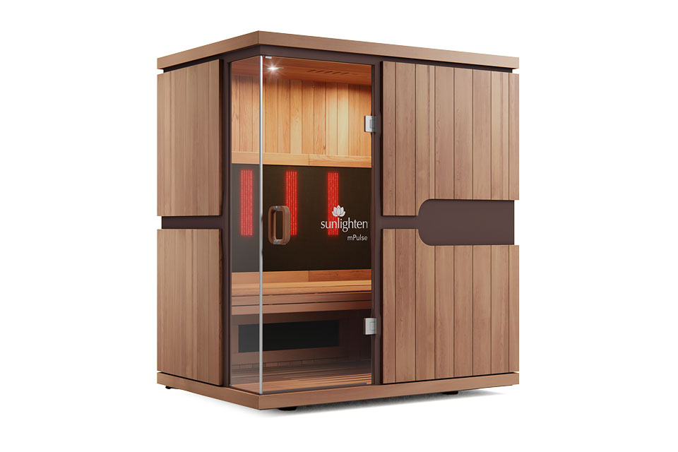 A Sunlighten mPulse infrared sauna with red light.